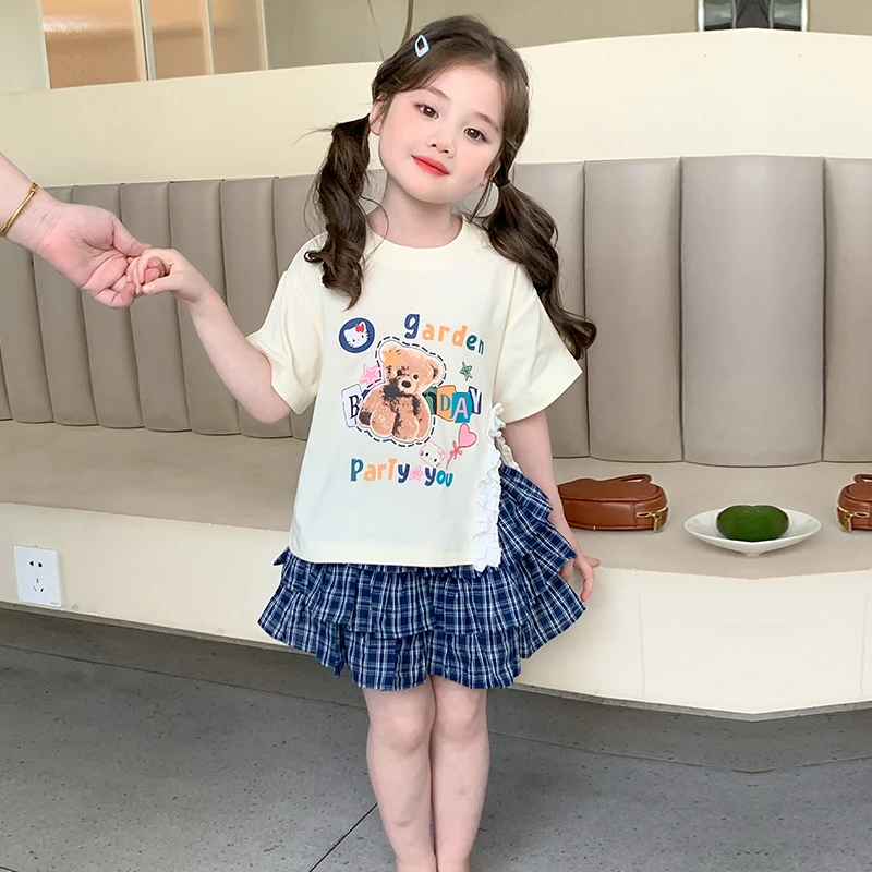 儿童卡通短袖T恤套装夏季2025新款女孩格子短裙套装洋气韩版衣服6