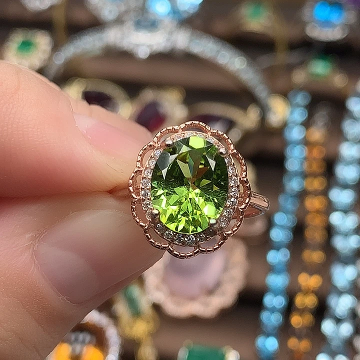 戒指银S925镀金镶嵌橄榄石