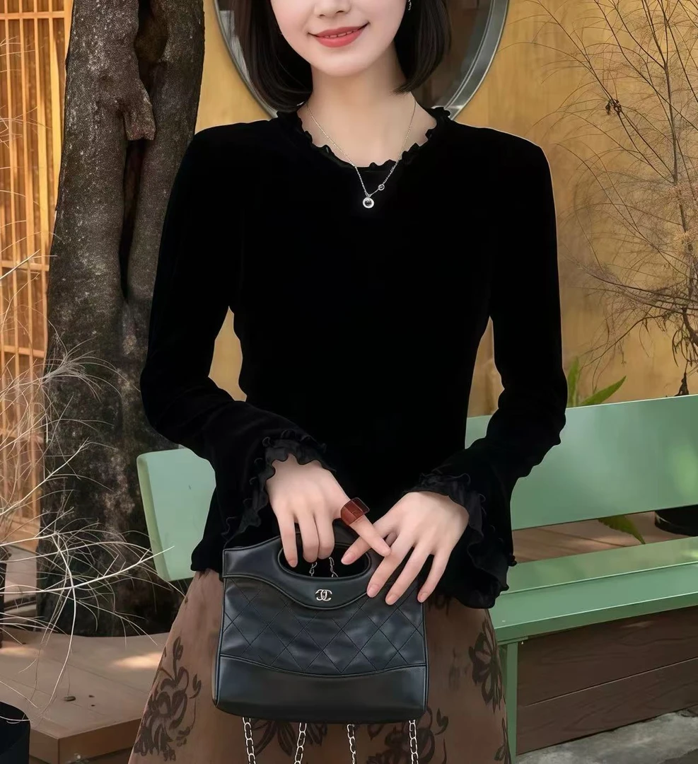 法式风蕾丝袖口丝绒上衣女2025秋季大码胖MM时髦气质显瘦T恤3535