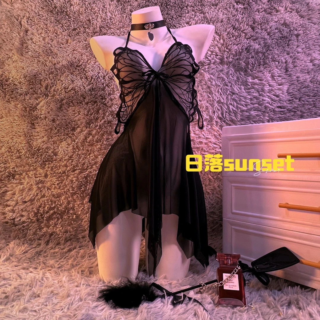 【日落sunset】蝴蝶款网红风睡裙男性感私房睡裙女款开叉蕾丝裙子