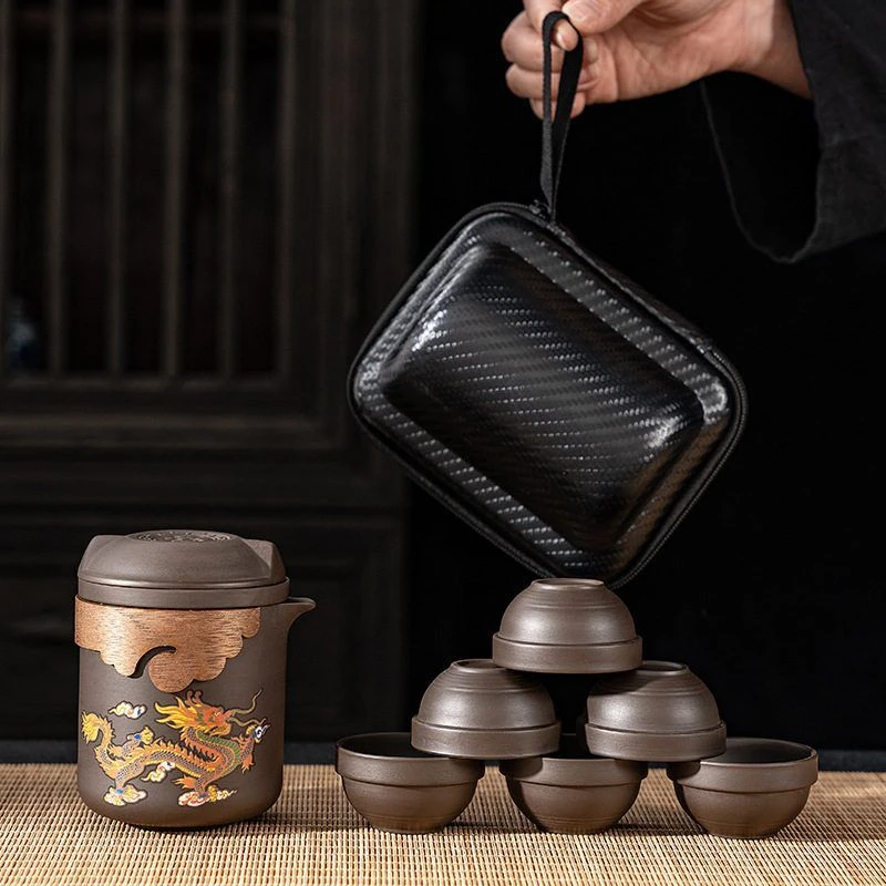 龙凤呈祥变色紫砂壶原矿朱泥带茶滤茶杯大容量泡茶壶便携旅行茶具