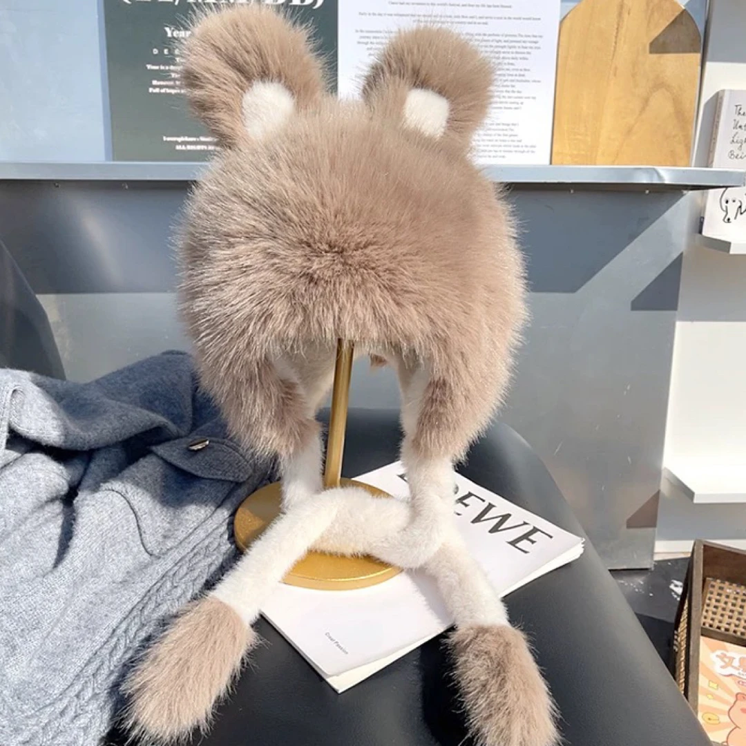 新款可爱兔耳朵帽女冬季毛绒加厚保暖双面毛护耳帽显脸小保暖帽子