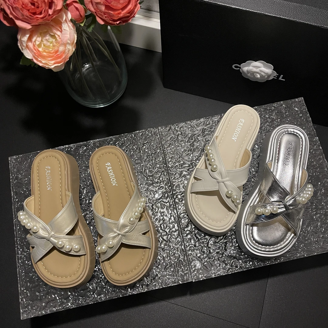 2025夏季新款简约风交叉珍珠百搭气质款时尚外穿厚底舒适拖鞋-5CM