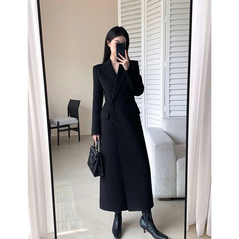 果哥家黑色双面时尚大衣女2025秋冬新款收腰气质毛呢外套