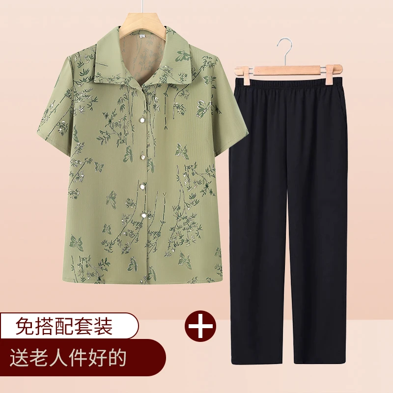 中老年人夏装女短袖衬衫奶奶装套装夏天衣服老年女装妈妈翻领衬衣