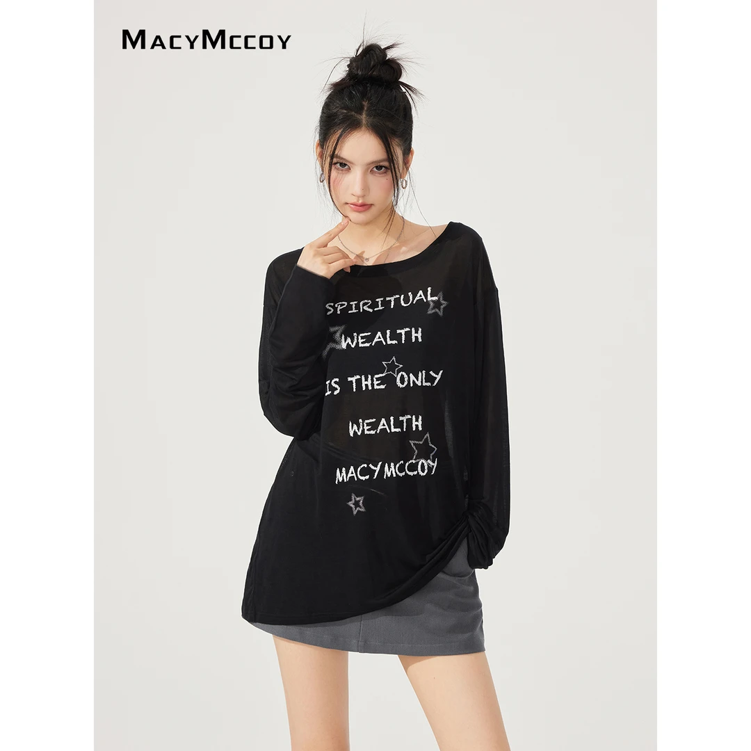 MacyMccoy星星字母防晒T恤女夏季防晒bi备慵懒风薄款莱赛尔上衣
