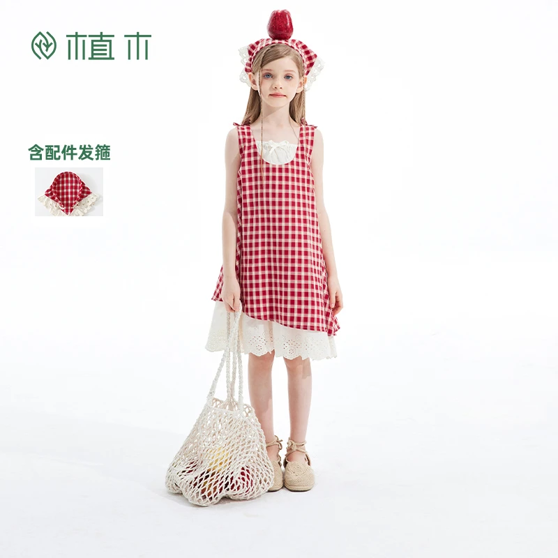 植木童装女童裙子2025夏季新款中大童森系格纹背心裙儿童连衣裙