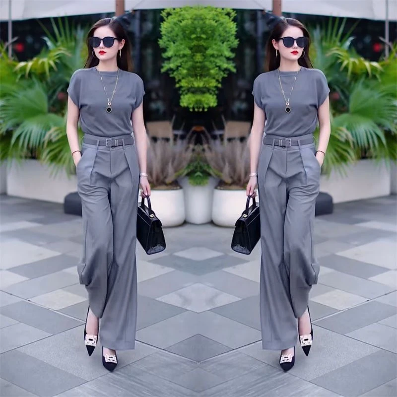 2025夏季新款时尚气质干练纯色百搭上衣高腰休闲西装裤两件套女装