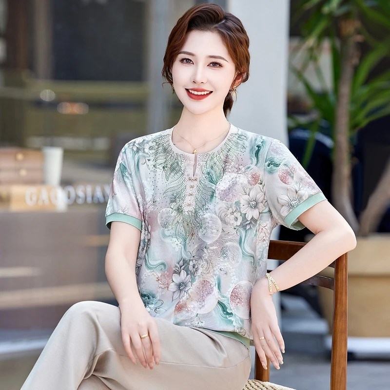 妈妈夏装短袖针织小衫洋气冰丝t恤中老年女装2025新款凉爽上衣服