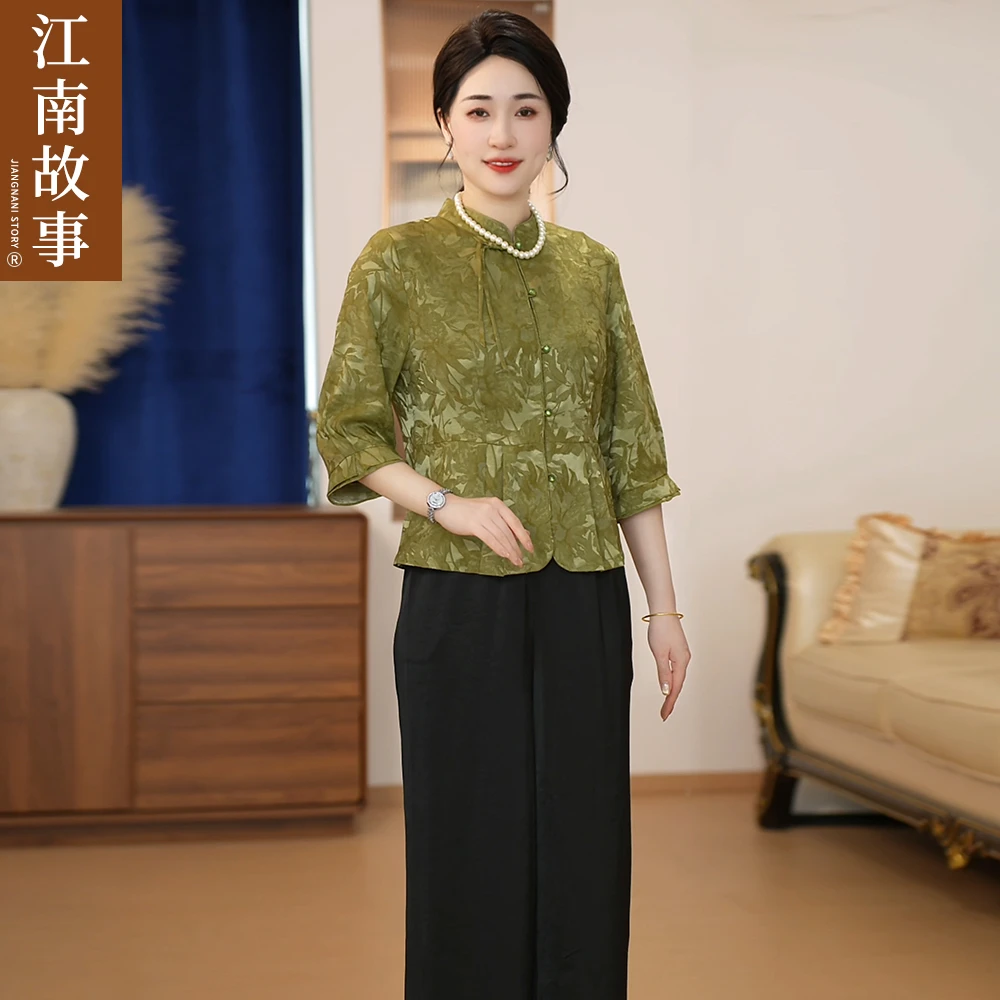 江南故事妈妈装新中式气质复古小衫中国风印花套装春夏时尚两件套