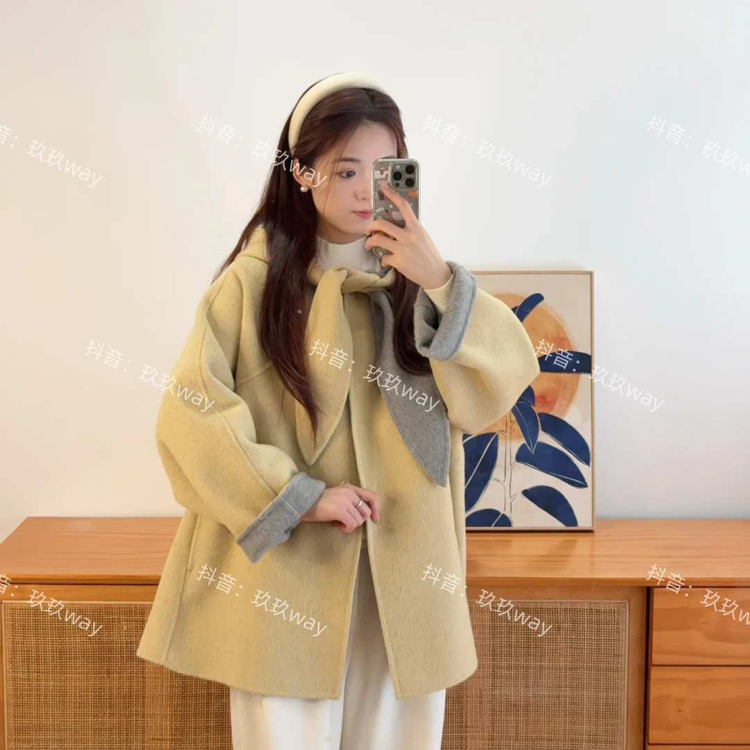 可爱兔耳朵 阔版双面呢大衣外套女中长款