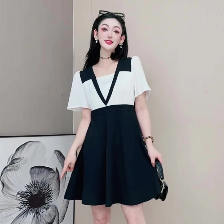 3300夏季高级感连衣裙气质轻奢大码女装拼接撞色裙子显瘦收腰法式