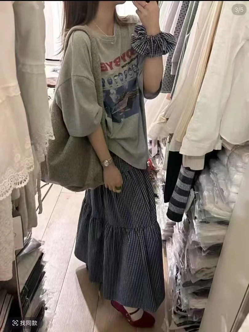 街头风字母印花短袖T恤格子半身裙套装女夏季新款时尚显瘦套装