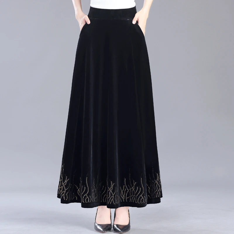 中国风秋冬大码高腰黑色秋冬中年妈妈A字金丝绒广场舞大摆半身裙