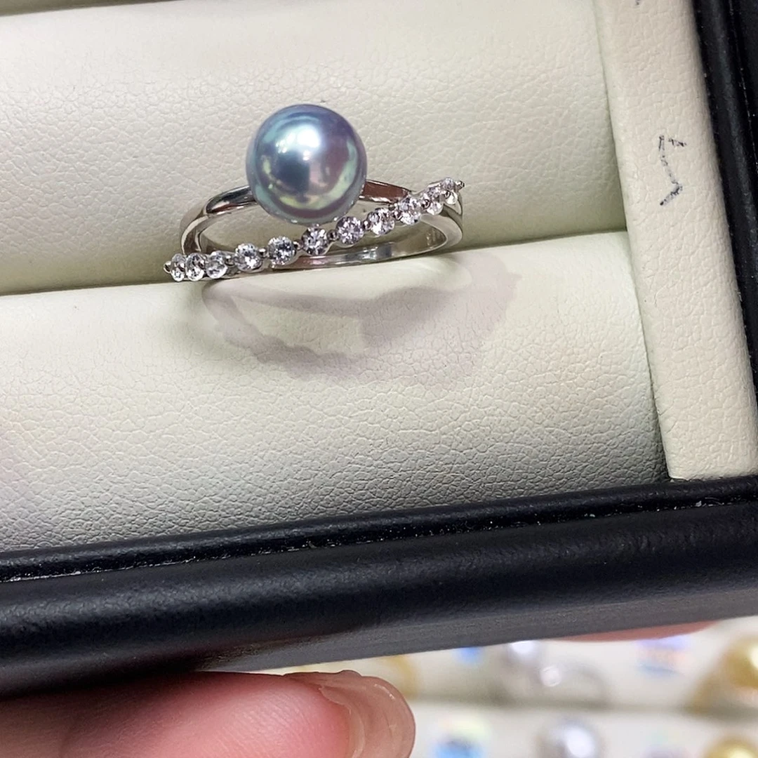 海水珍珠戒指银S925镶嵌7-8mm电光蓝