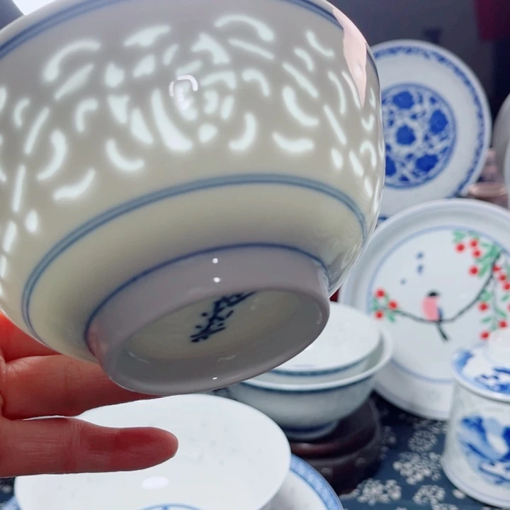 青花玲珑5寸饭碗满雕双福双线