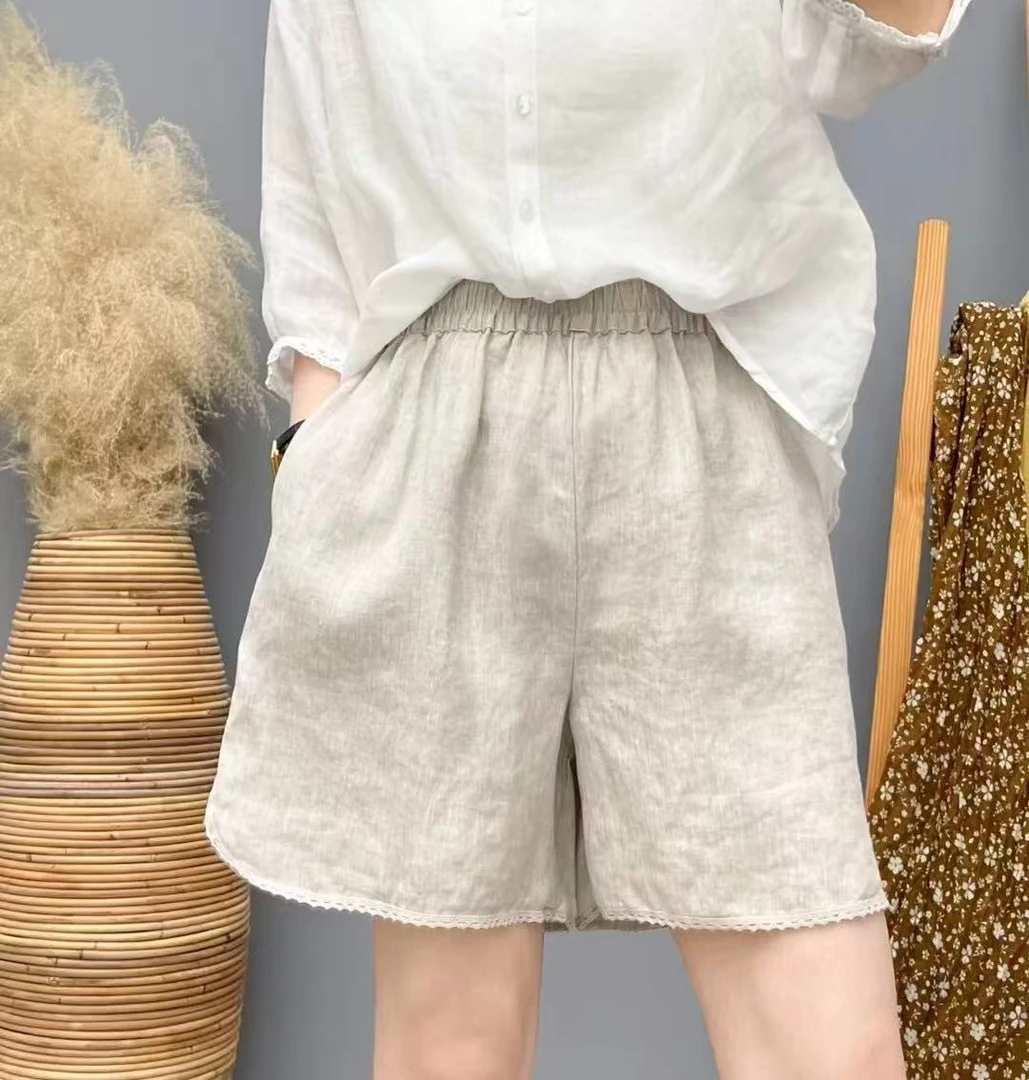 纯亚麻花边复古时尚纯色百搭宽松中腰松紧腰女士休闲短裤