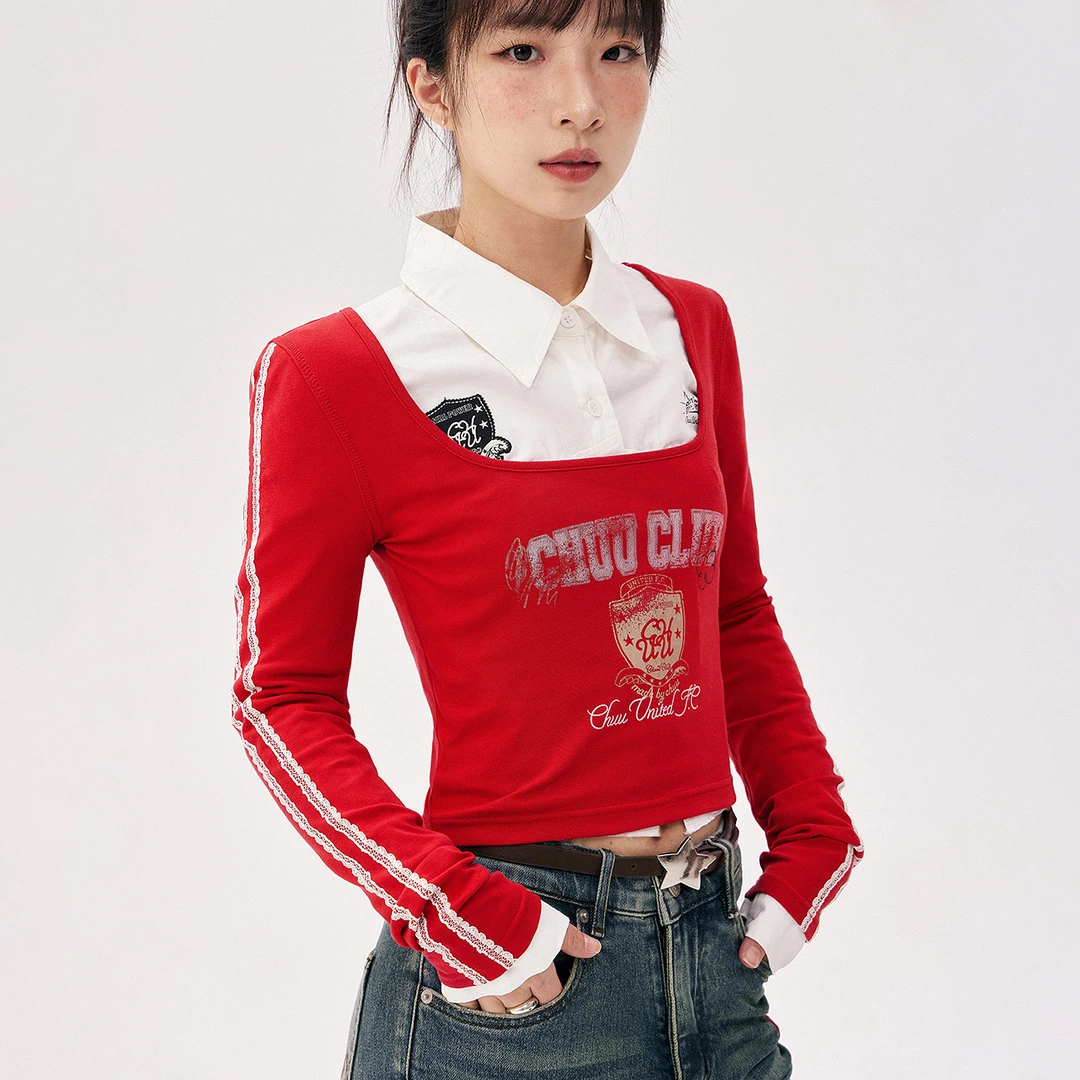 CHUU秋季新品蕾丝拼接设计字母印花修身套头长袖短款T恤