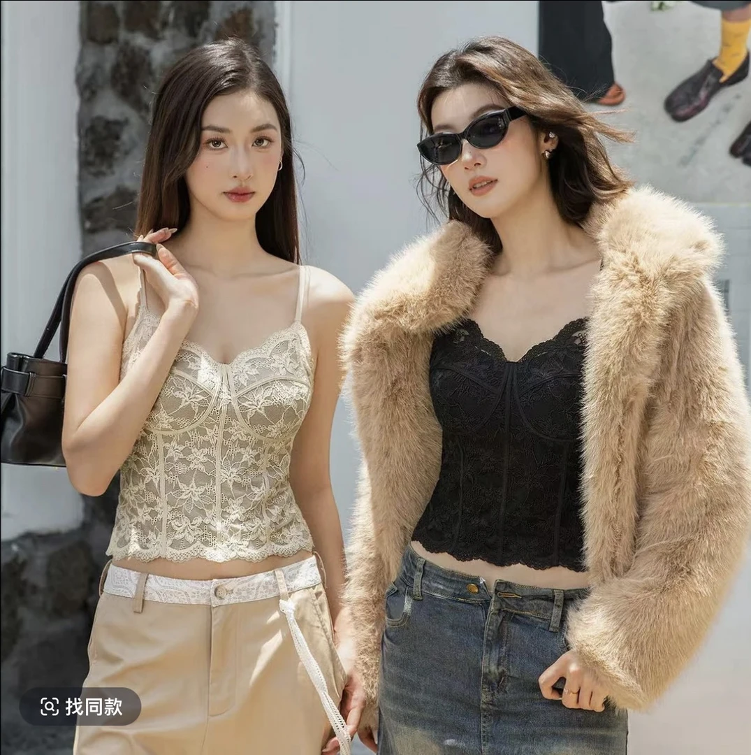 法式独特设计显瘦蕾丝吊带背心带胸垫内搭外穿时尚百搭6100加绒