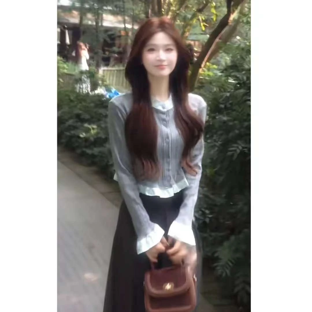 学院风四件套】2025年春秋条纹花边拼接圆领长袖针织衫女上衣+半裙