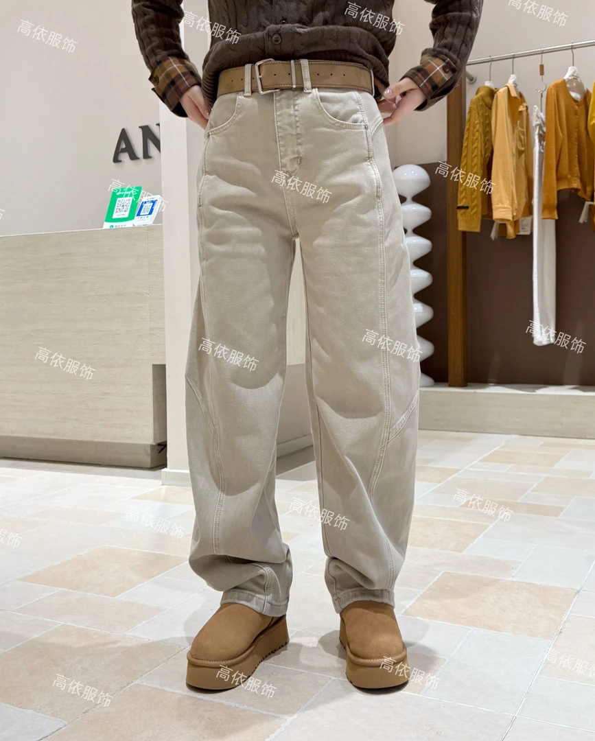GY66293奶茶色加绒加厚牛仔弯刀裤