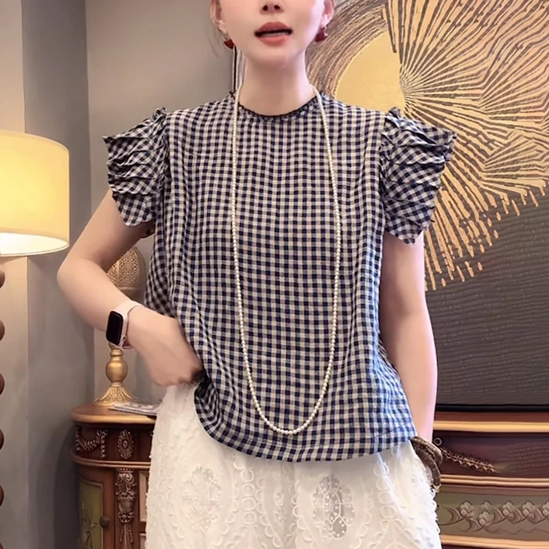 亚麻格子短袖衬衫女夏季2025洋气减龄宽松显瘦漂亮小衫特别致上衣