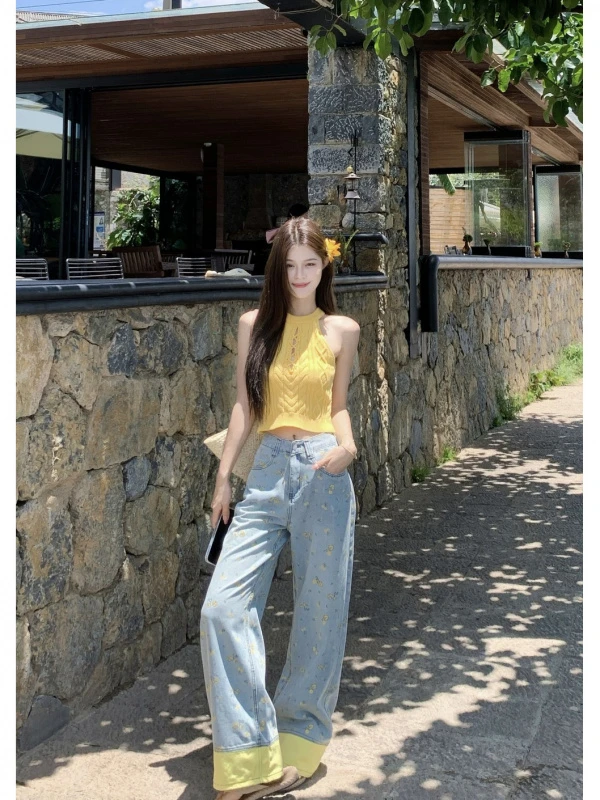 辣妹纯欲风时尚百搭针织上衣套装女高级气质扎染牛仔休闲裤两件套