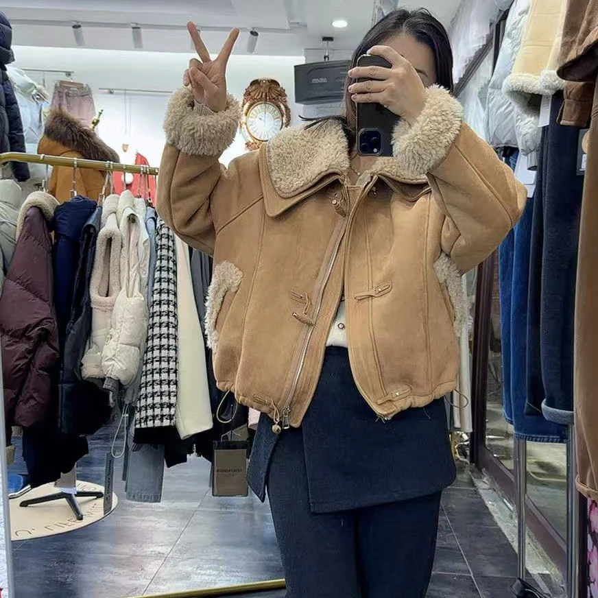 秋冬新款韩范加厚双领设计高档仿真皮毛一体外套上衣女洋气精品潮