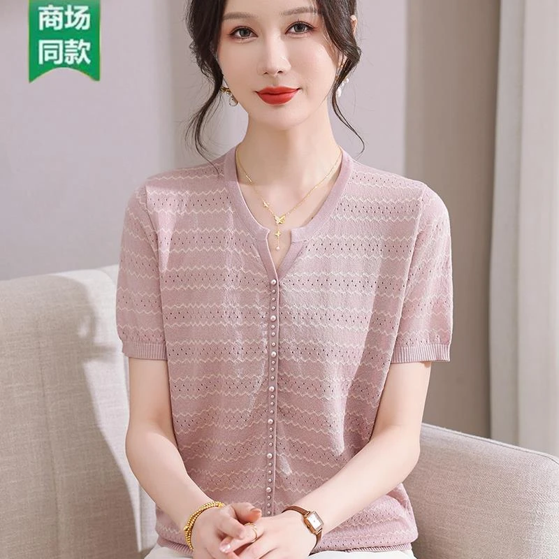 恒源祥彩羊品牌妈妈夏装新款短袖冰丝小衫中老年女夏季薄款时尚条