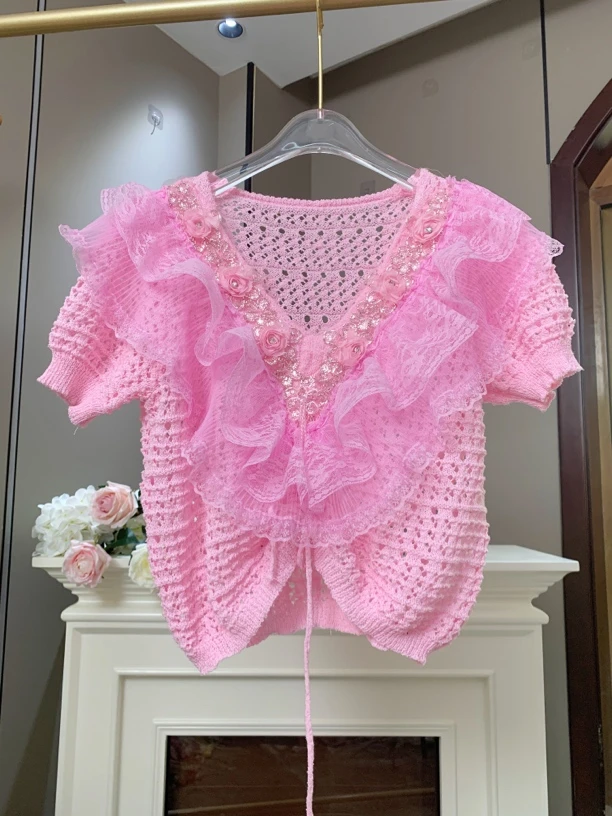 夏季新款短袖蕾丝衫修身弹力荷叶边花朵亮片公主范减龄小衫