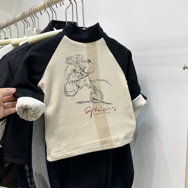 直播同价 小韩果豆儿童韩版卡通拼色双层加厚打底衫