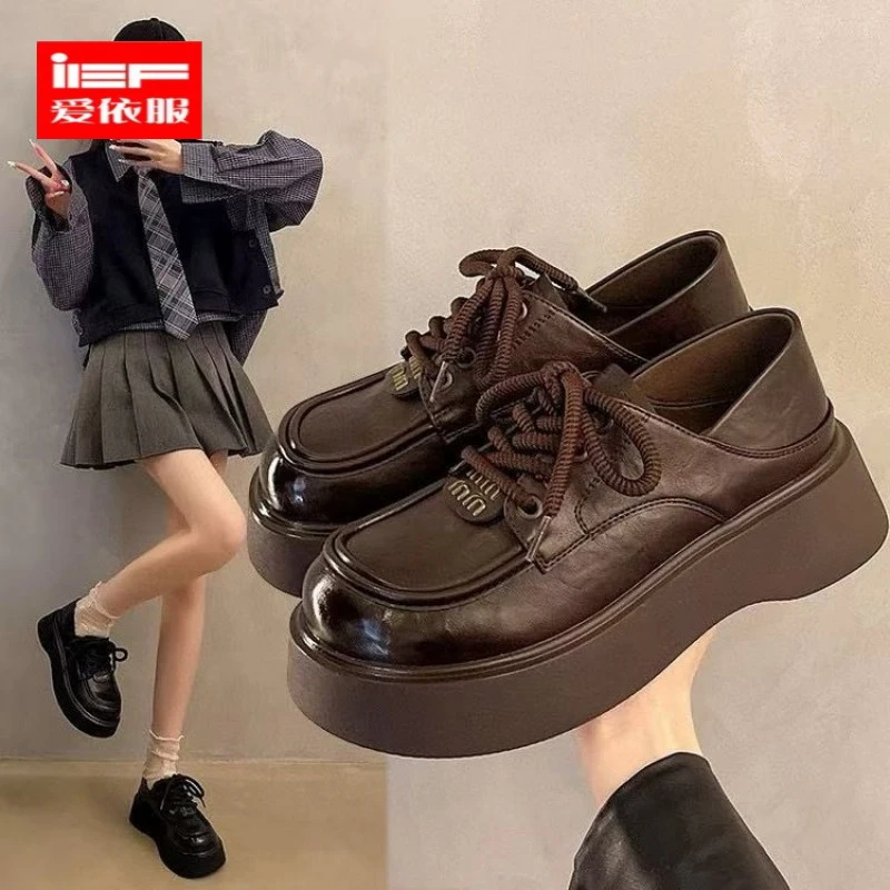 IEF/爱依服2025春季新款真皮厚底乐福鞋女百搭学院黑色单鞋系带英