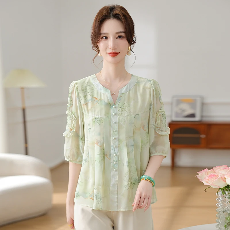 国风妈妈时尚中老年女装春装女衫春夏女装薄款印花雪纺衫