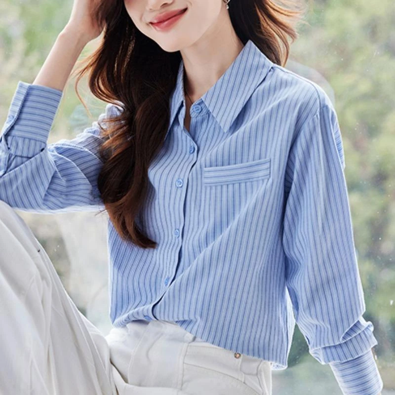蓝色polo领长袖条纹衬衫女秋新款内搭上衣设计感休闲百搭衬衣外套