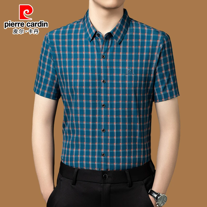 皮尔卡丹正品中年格子短袖衬衫男士夏季时尚潮流休闲半袖抗皱衬衣