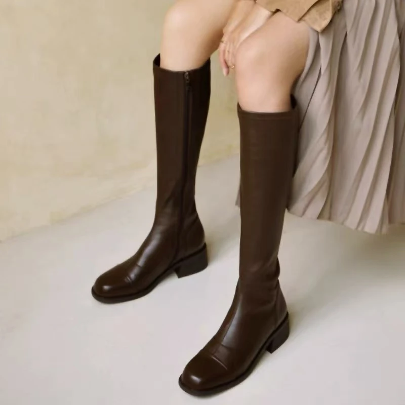 优利靓货精品女鞋长靴皮质气质女神款复古棕色圆头弹力骑士瘦瘦靴