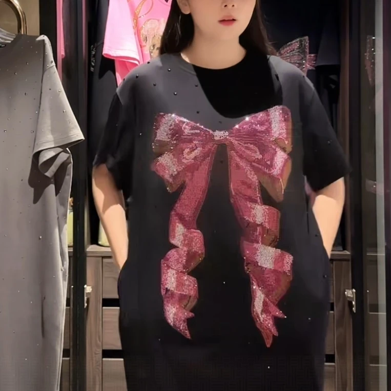 轻奢烫钻工艺满天星蝴蝶结设计时尚休闲黑色连衣长裙女款