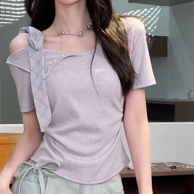 紫色纯欲2025新款甜美风不规则绑带蝴蝶结纽扣设计感修身短袖上衣