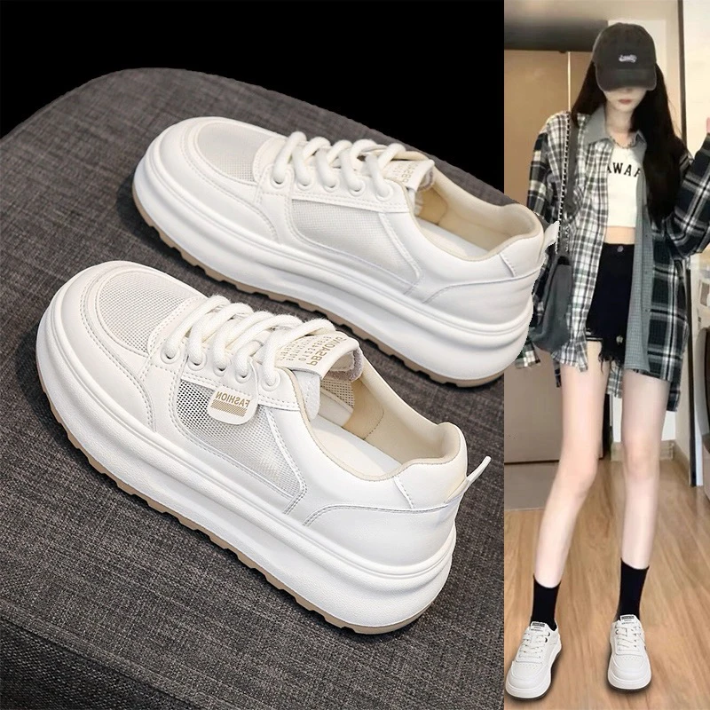 爆款厚底薄款透气网面小白女鞋女款2025夏季新款百搭休闲板鞋夏天