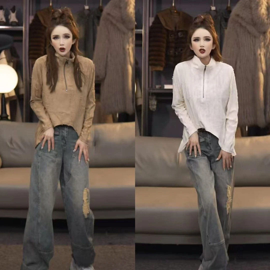 2025早春美式复古废土风格破烂感半拉链宽松翻领长袖前短后长