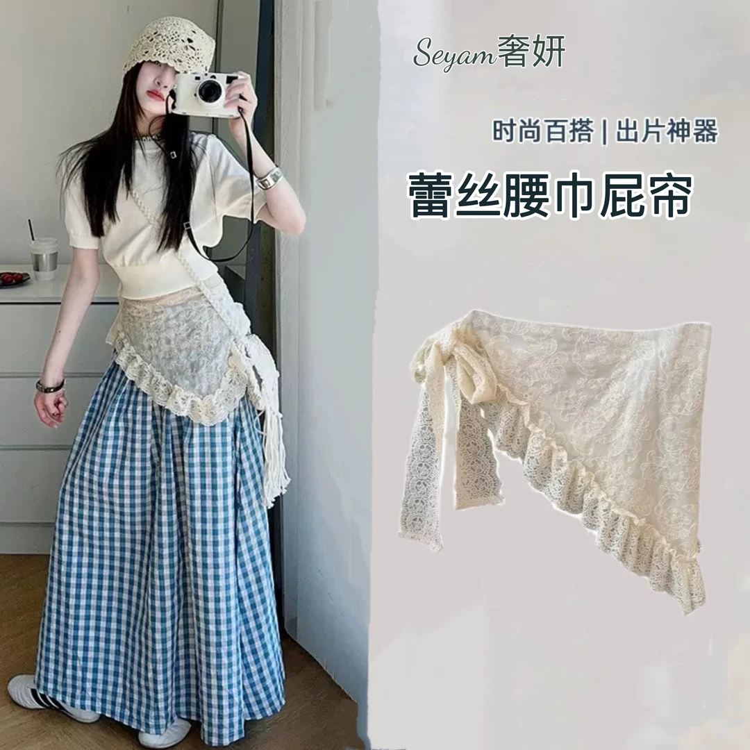 韩国东大门重工刺绣花朵蕾丝三角巾系带屁帘裙腰间配饰女法式复古