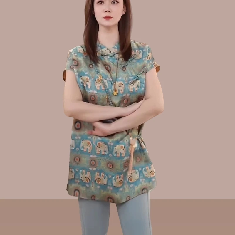 新中式斜襟盘扣人丝提花短袖衬衫女2025夏中长款立领印花旗袍上衣