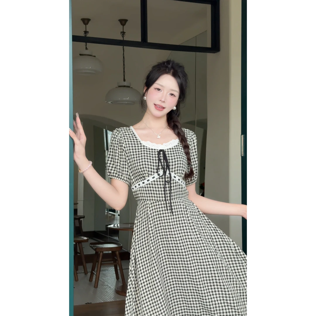 【柏林少女】夏季气质收腰中长款格子显瘦时尚复古连衣裙