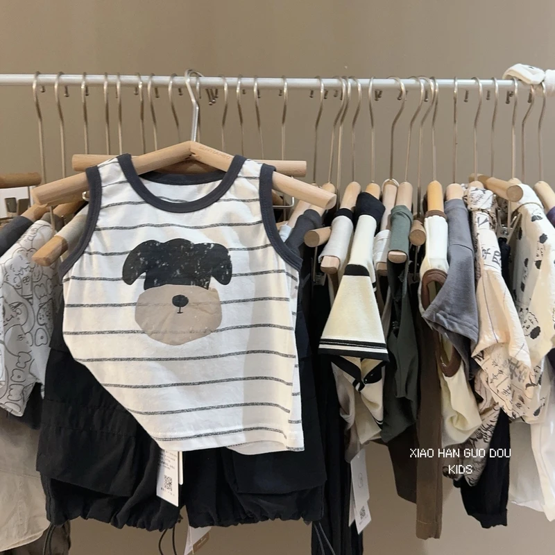 儿童韩版条纹小狗撞领条纹背心