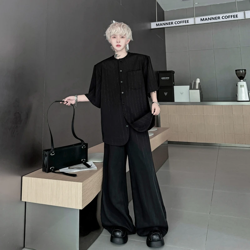 夏季高级感暗纹开衫小香风短袖T恤套装男休闲拖地阔腿长裤两件套