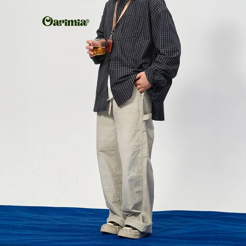 Oarimia日系复古水洗做旧牛仔裤男潮牌宽松直筒阔腿裤休闲长裤