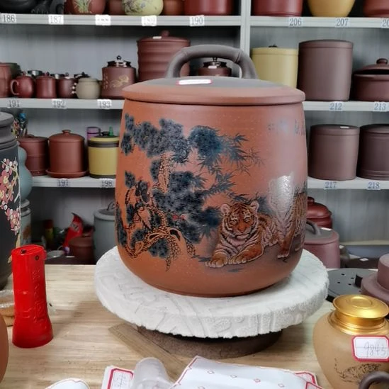 紫砂茶叶罐正品石瓢双虎献瑞9853