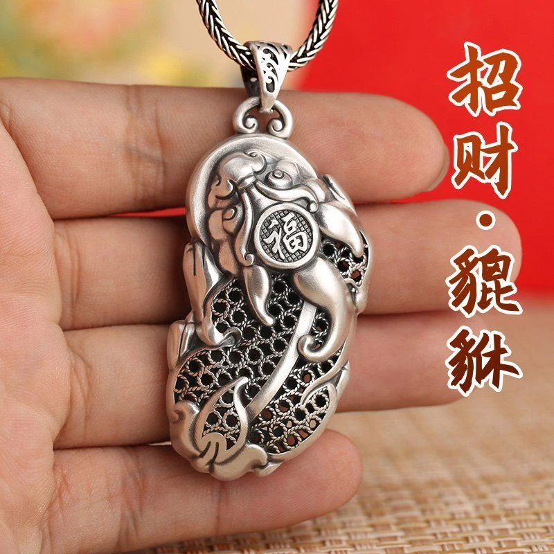 吊坠足银 9999银古法貔貅吊坠足银男女款毛衣链时尚潮人招财做旧