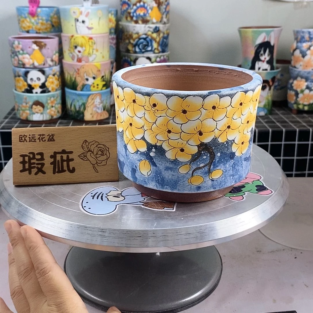 紫砂花盆红陶手绘花盆