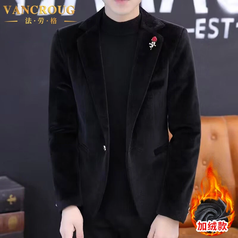 VANCROUG/法劳格西服男士秋冬毛呢新款潮流加绒保暖休闲呢子西服